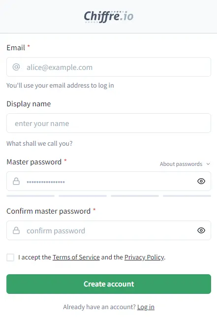 Formulario de registro en Chiffre.io